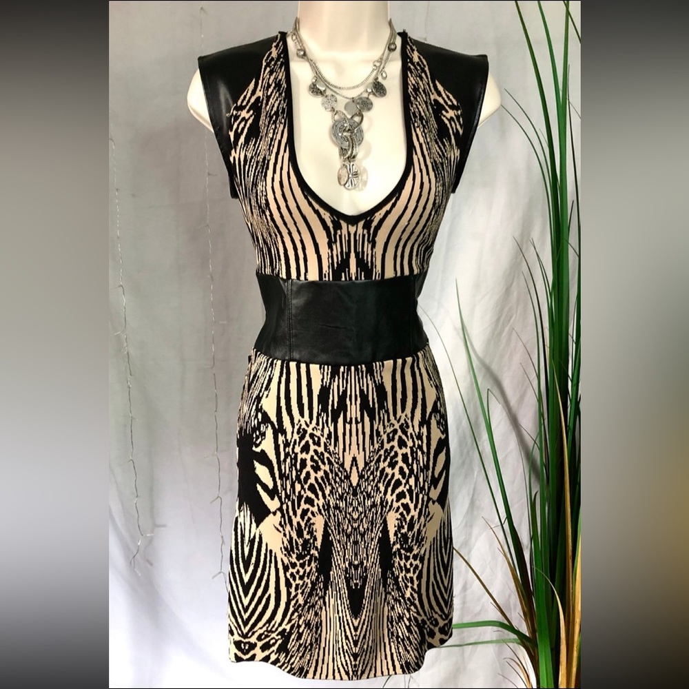 BEBE Brown & Black Faux Leather Fitted Sweater dress sz
M NWT